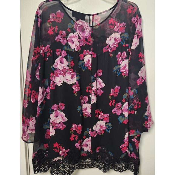 Lane Bryant Sz 26 4XL Black Floral Blouse Tunic Roses Lace Trim Mesh 1/2 Sleeve - Picture 2 of 14
